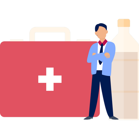 Man Standing In Front Of First Aid Kit  Illustration