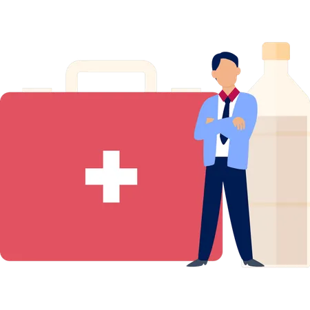 Man Standing In Front Of First Aid Kit  Illustration