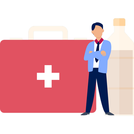 Man Standing In Front Of First Aid Kit  Illustration