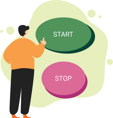 Man standing in front of start and stop buttons  Illustration