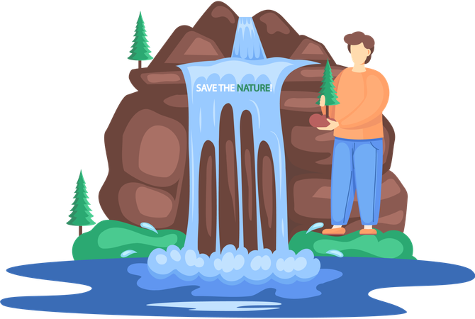 Man standing in lake next to rock and waterfall  Illustration