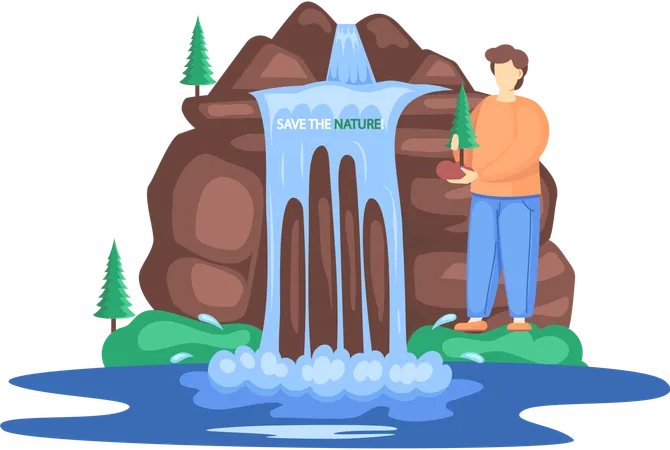 Man standing in lake next to rock and waterfall  Illustration