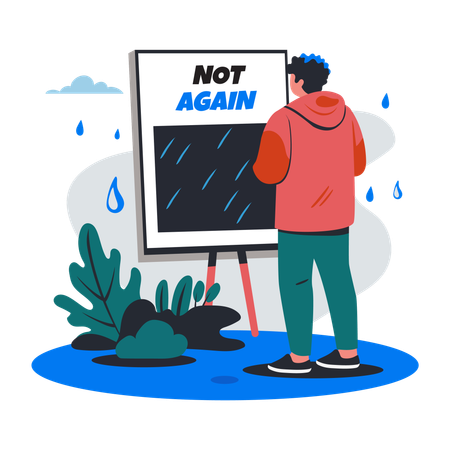 Man standing in raining with not again  Illustration