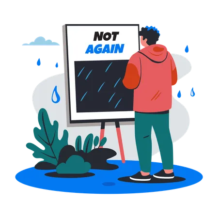 Man standing in raining with not again  Illustration