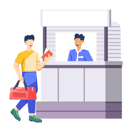 Man standing in the airport at passport control  Illustration