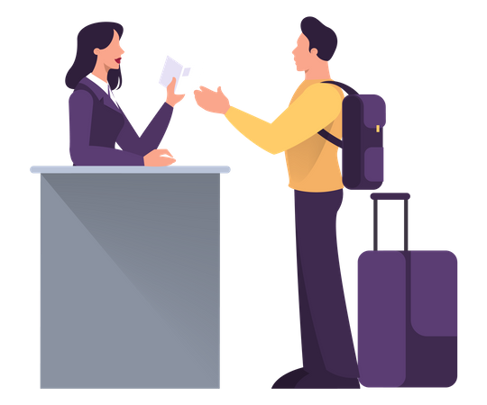 Man standing in the airport at passport control Illustration