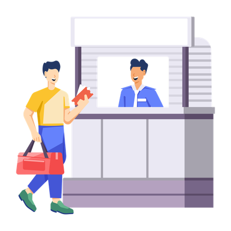 Man standing in the airport at passport control Illustration