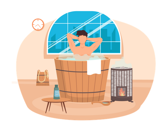 Man standing in wooden tub with his hands up Illustration