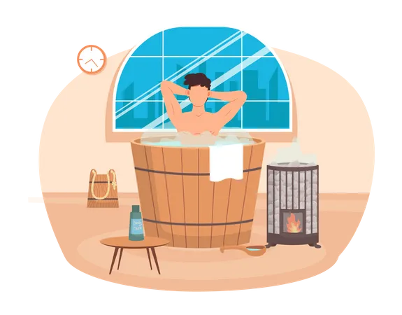 Young Man Standing In Wooden Tub With His Hands Up Bathhouse At Home Interior Design Guy In Barrel Is Resting In Home Sauna Male Character Is Relaxing In Hot Steam Person Is Cleaning Body Illustration