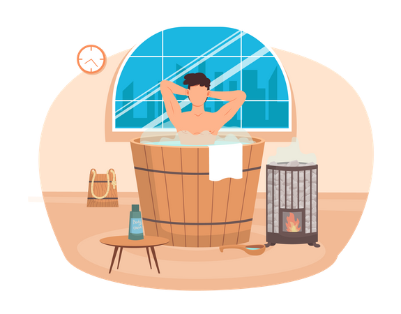 Man standing in wooden tub with his hands up  Illustration