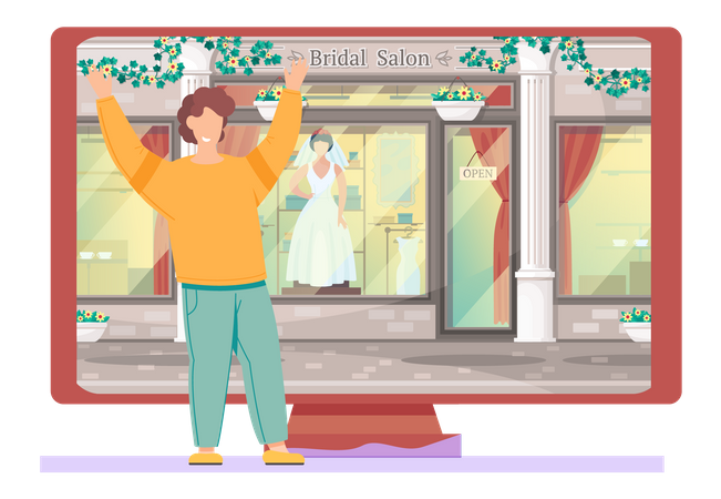 Man standing near big monitor with bridal salon storefront  Illustration