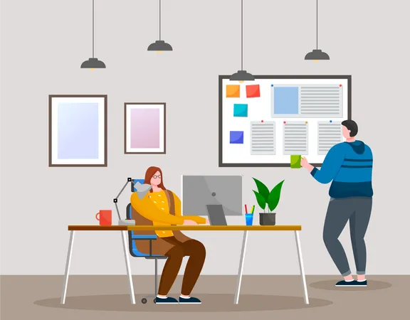 People Working In The Office A Man Stands Near A Board With Announcements Woman With Glasses Sits At A Laptop And Works Colleagues Spend Time And Work Together Staff Work In The Office Concept Illustration