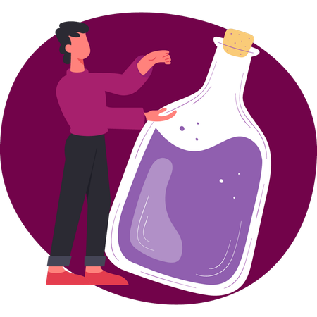 Man standing near chemical bottle  Illustration