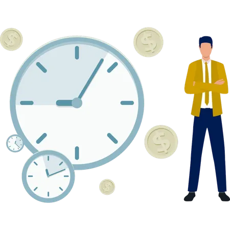 Man standing near clocks  Illustration