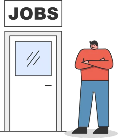 New Job Man Standing Near Door To New Career Or Promotion Business Success And Development Unemployment And Recruitment Concept Cartoon Flat Vector Illustration Illustration