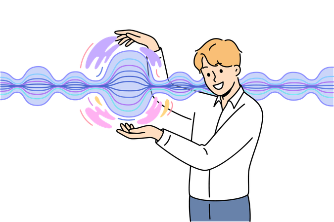Man standing near energy wave and demonstrating results of scientific experiments on physical phenomena  Illustration
