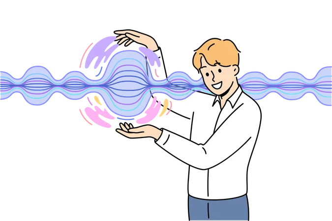 Man standing near energy wave and demonstrating results of scientific experiments on physical phenomena  イラスト