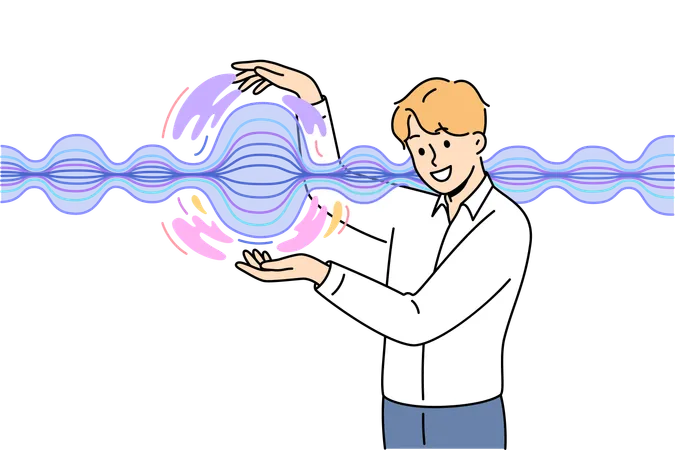 Man standing near energy wave and demonstrating results of scientific experiments on physical phenomena  Illustration