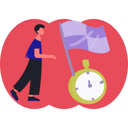 Man standing near flag and timer  Illustration