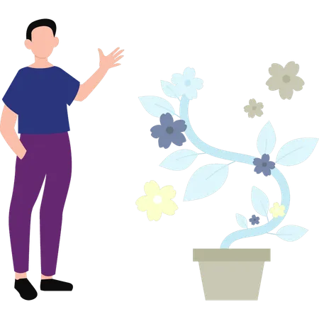 A Boy Stands By A Vase Of Flowers Illustration