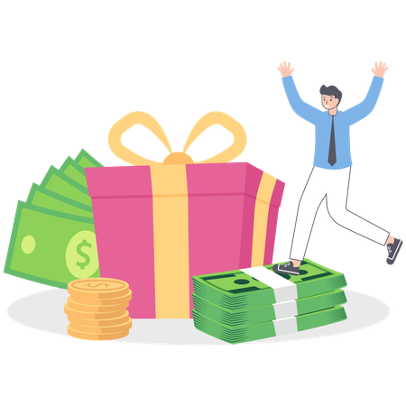 Man Standing near Gift Box and Collecting Cash Back Bonuses  Illustration