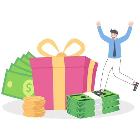 Man Standing near Gift Box and Collecting Cash Back Bonuses  Illustration