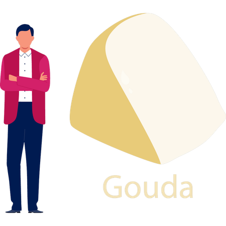 Man  standing near gouda cheese  Illustration