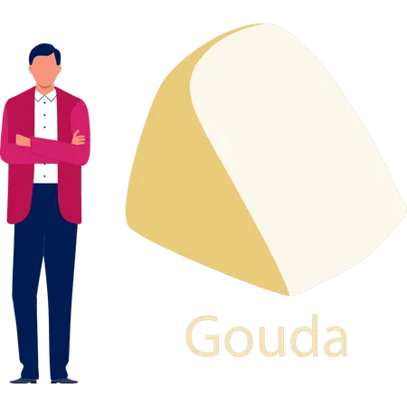 Man  standing near gouda cheese  Illustration