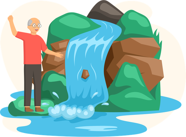 Man standing near lake next to rock and waterfall  Illustration