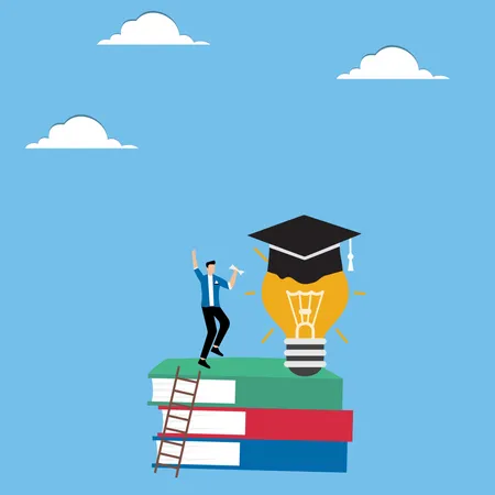 Man standing near light bulb in academic hat  Illustration