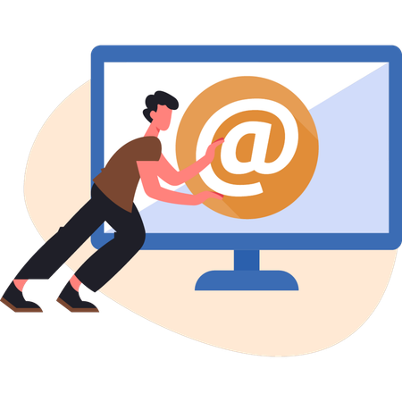 Man standing near monitor while showing email address  Illustration
