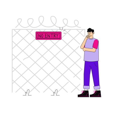 立ち入り禁止のフェンスの近くに立っている男性  イラスト