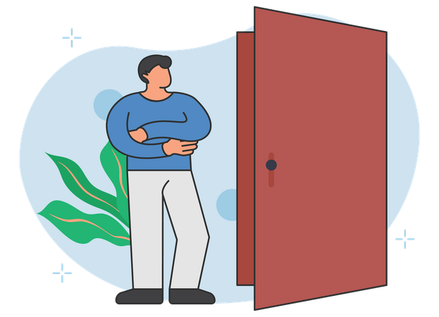 Man standing near open door  Illustration