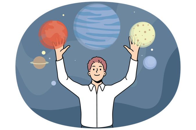 Man standing near planets space and enjoys VR technology that allows to travel around galaxy  Illustration