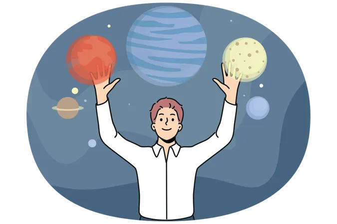Man standing near planets space and enjoys VR technology that allows to travel around galaxy  Illustration