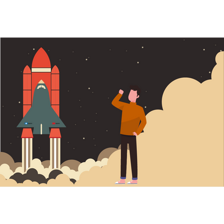 Man standing near rocket launch  Illustration