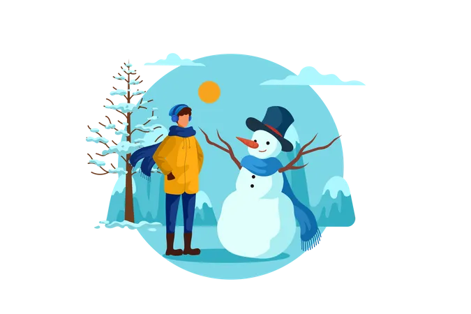 Man standing near snowman  Illustration