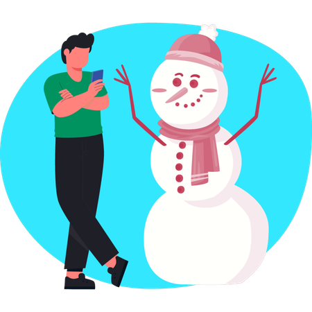 Man standing near snowman using mobile  Illustration