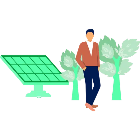 A Boy Is Standing Near Solar Plant Illustration