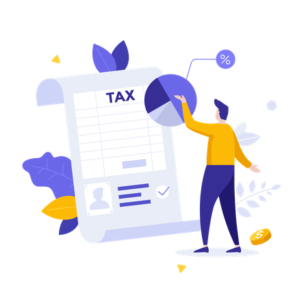 Man standing near tax document with pie chart percentage  Illustration