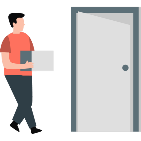 Man standing near the door of the house holding a parcel  Illustration