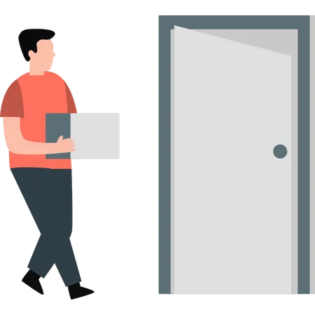 Man standing near the door of the house holding a parcel  Illustration