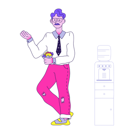 Man standing near water dispenser and holding burger  Illustration