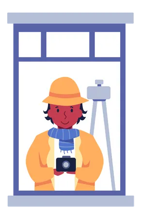 Man Standing near Window While Holding Camera  Illustration