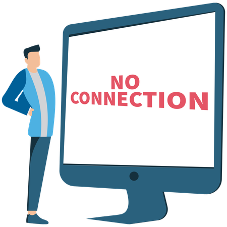 Man standing next to a computer with no internet connection error  Illustration