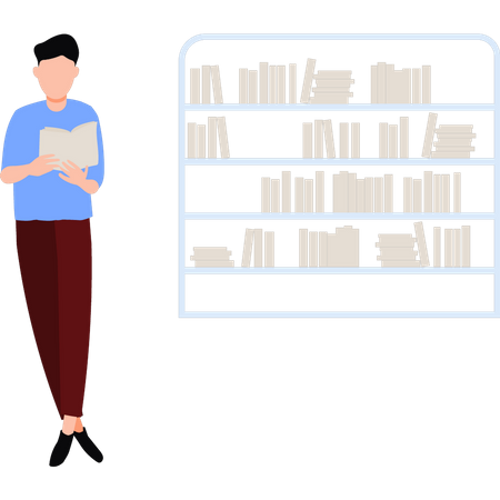 Man standing next to book rack holding book  Illustration