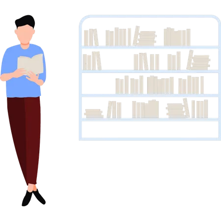 A Boy Is Standing Next To A Book Rack Holding A Book Illustration
