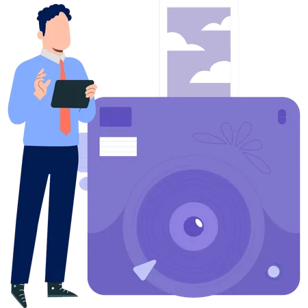 Man standing next to camera  Illustration