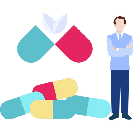 Man standing next to capsules  Illustration