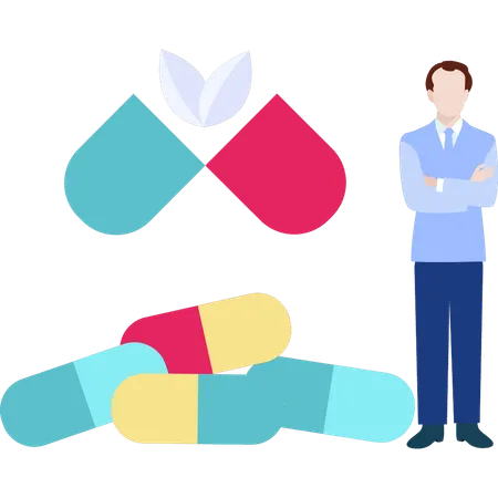 Man standing next to capsules  Illustration